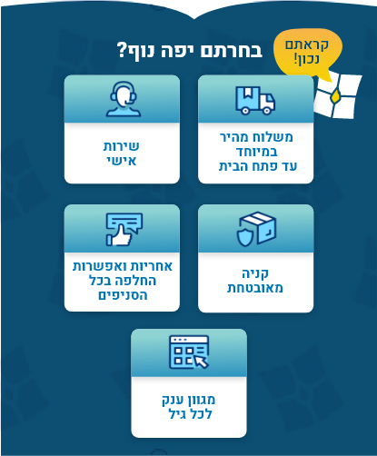 בחרתם יפה נוף? משלוח מהיר במיוחד, שירות אישי, מגוון ענק לכל גיל, קניה מאובטחת, אחריות ואפשרות החלפה